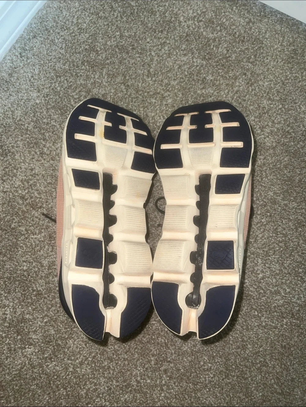 Rose colored OnClouds with orange, navy blue, and white accents. - Picture 4 of 5